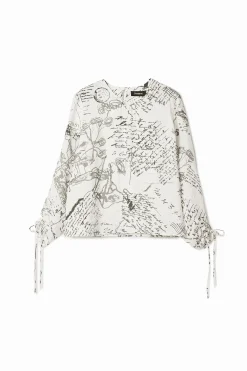 Blouse with adjustable sleeves and text prints.