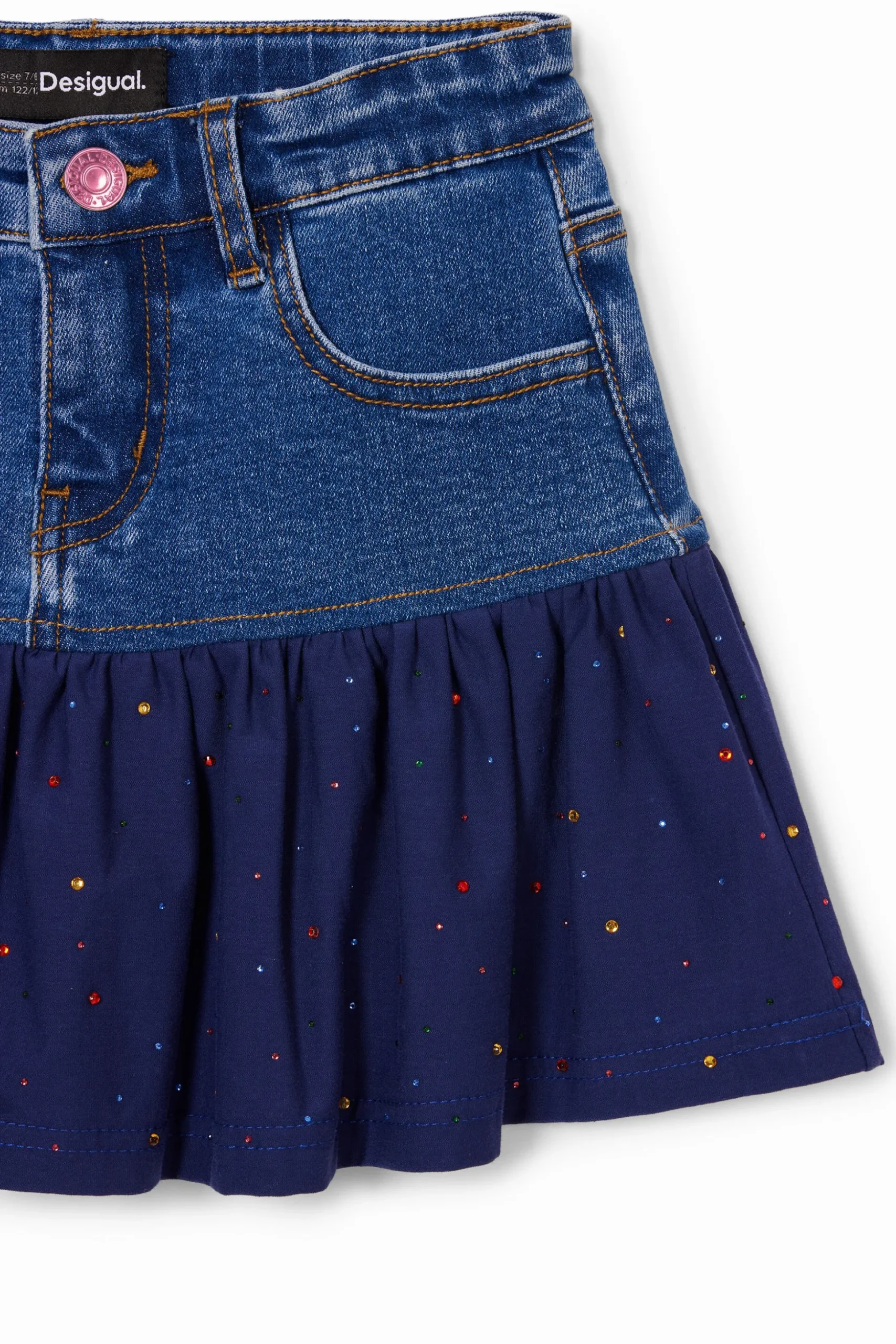 Denim mini skirt with ruffle and polka dots