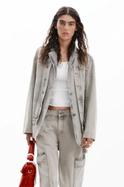 Distressed denim blazer