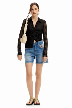 Embroidered denim shorts