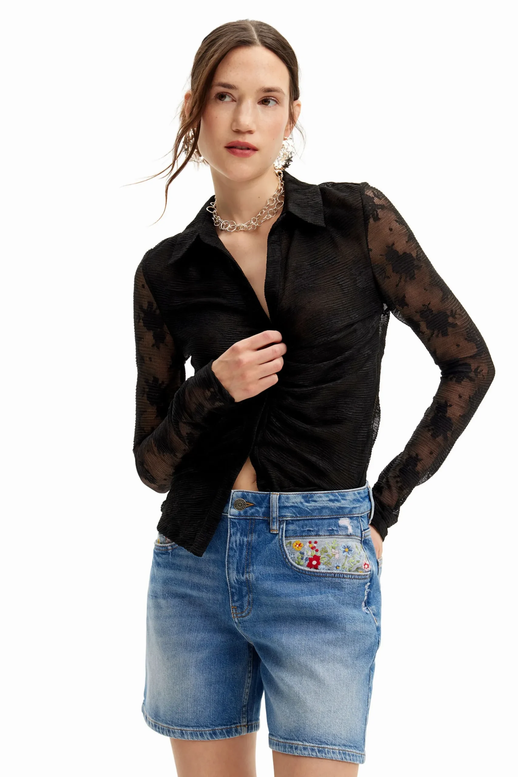Embroidered denim shorts