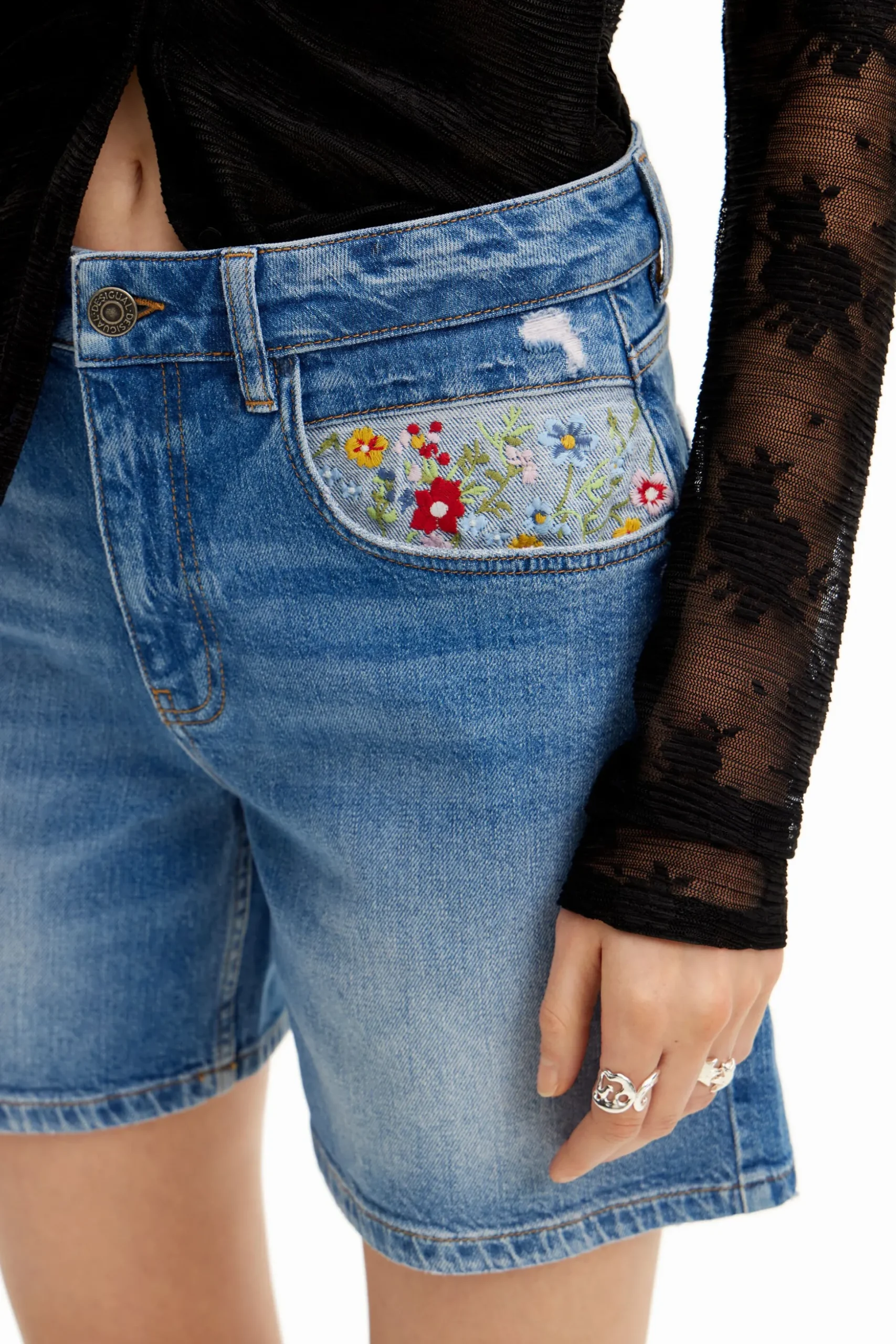 Embroidered denim shorts