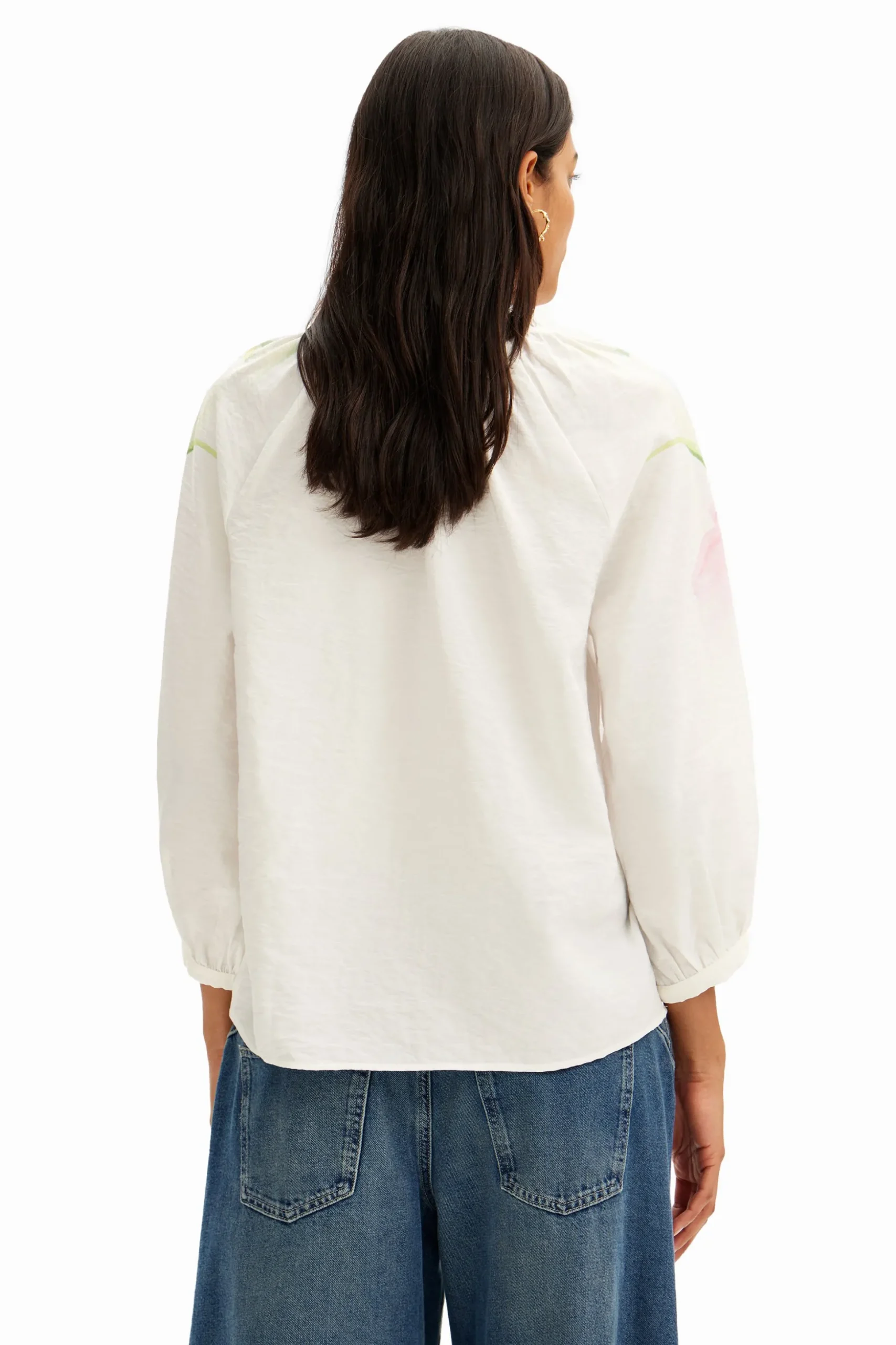 Flowy blouse with watercolor floral print.