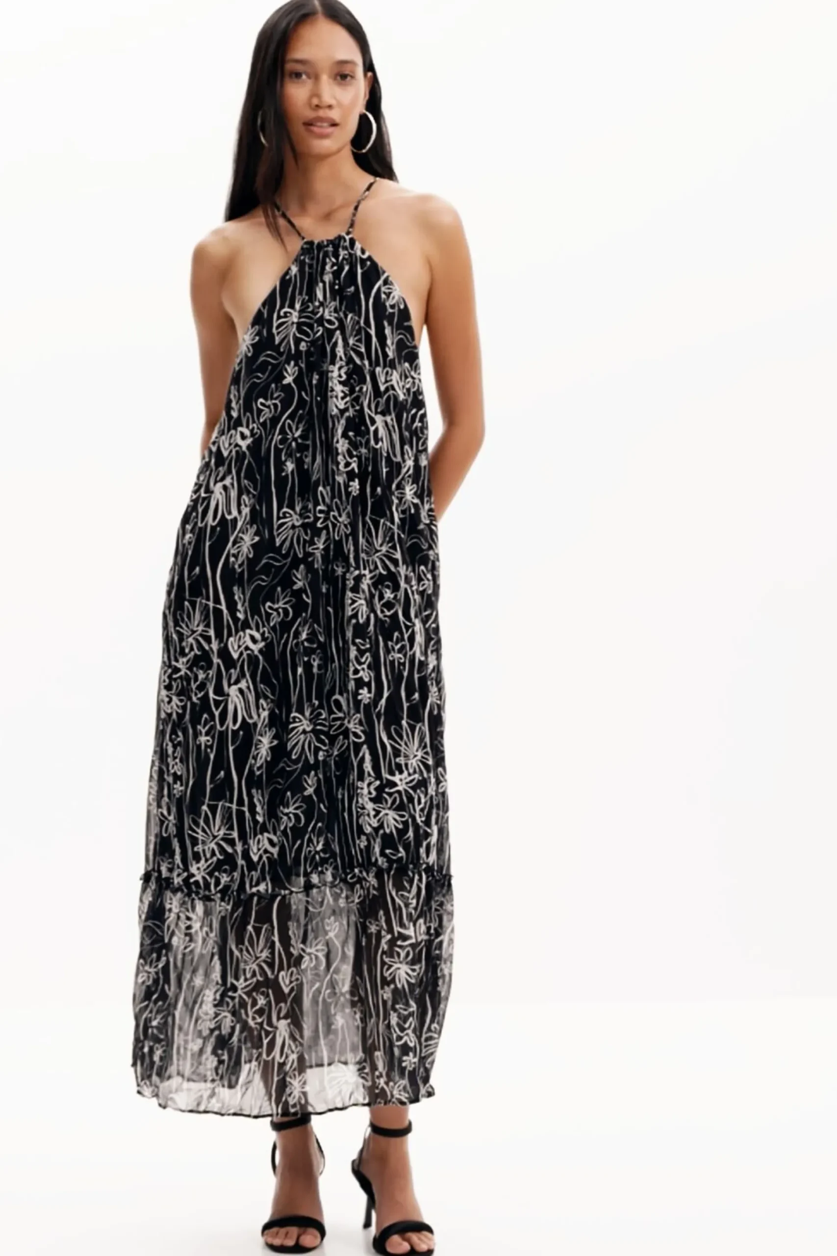 Halter dress with floral illustrations
