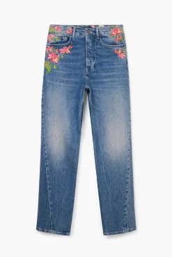 Long denim pants with flowers