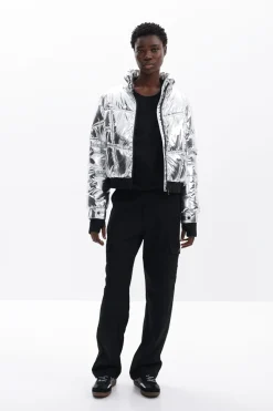 Metallic coat with hood