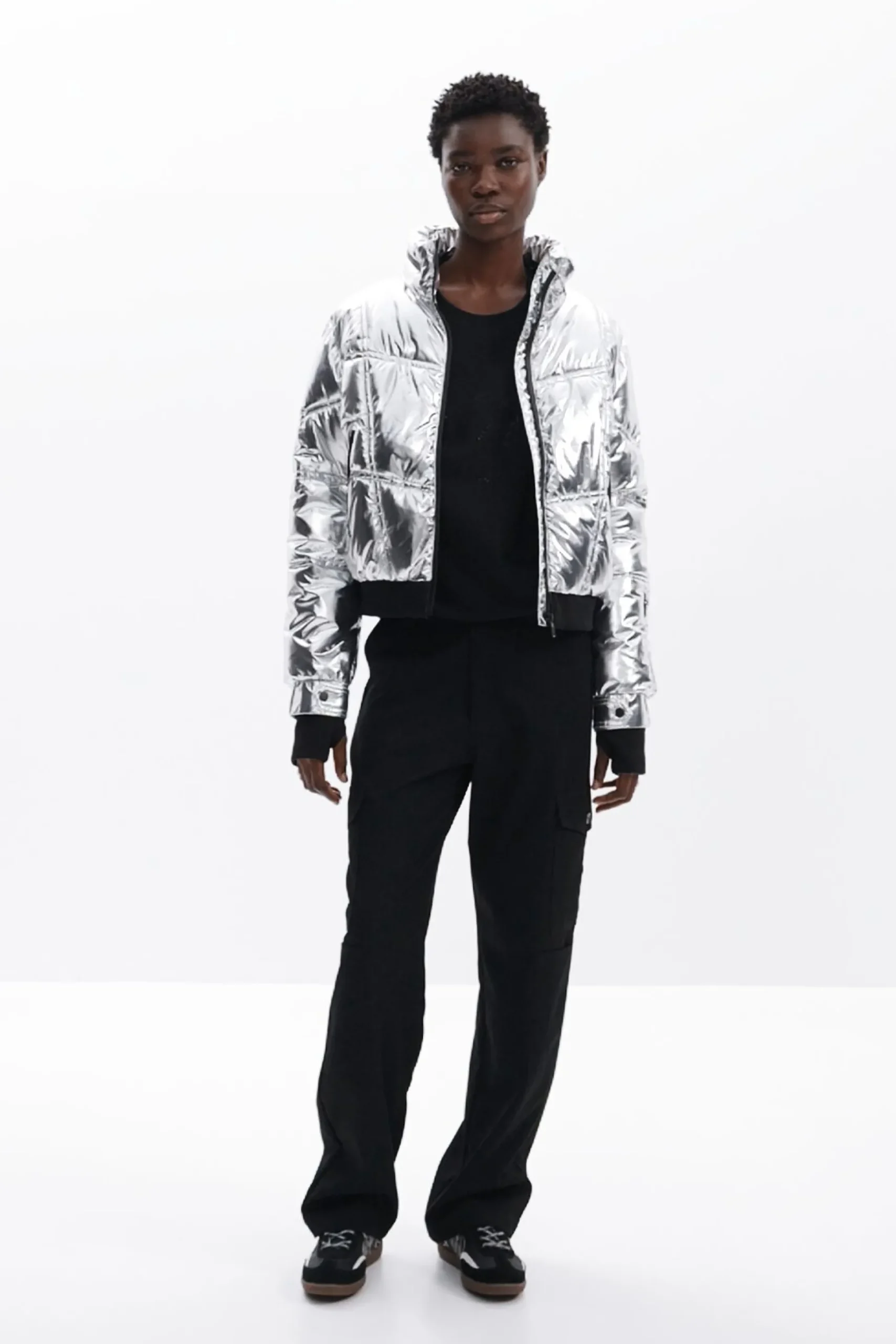 Metallic coat with hood