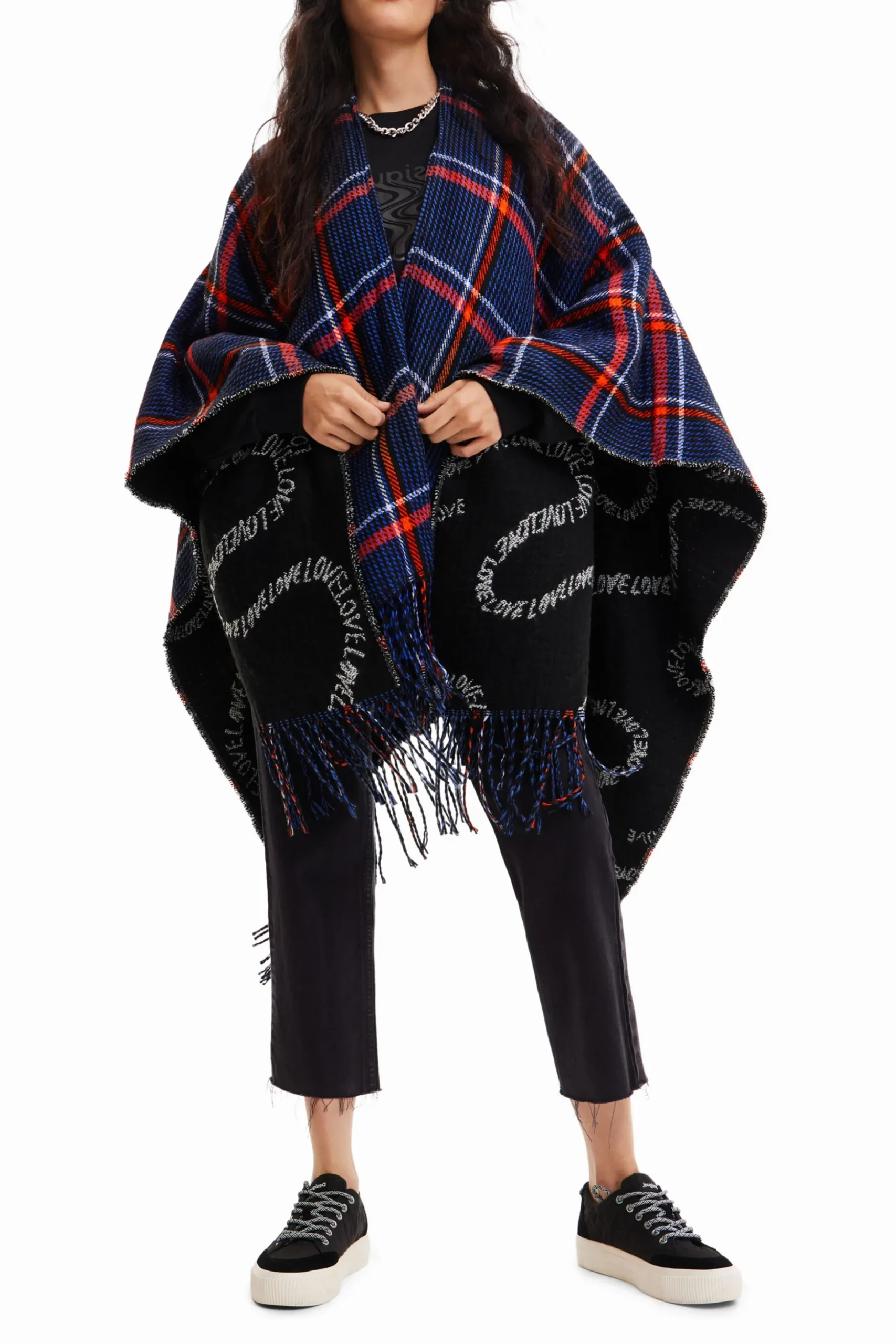 Reversible plaid poncho